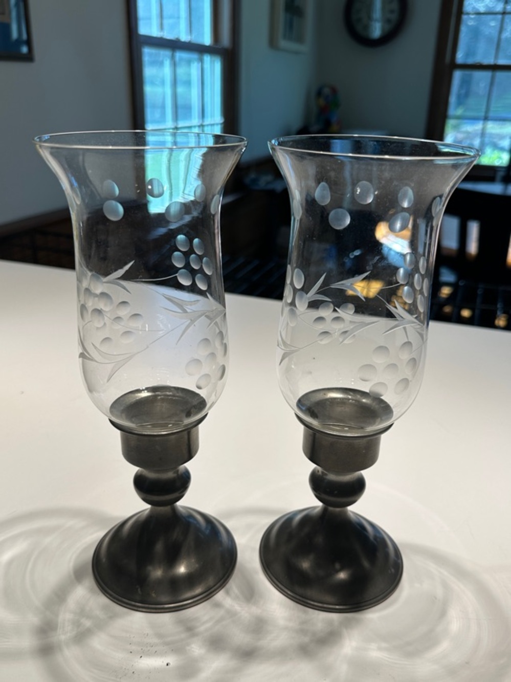 Etched Glass Hurricane Candle Holders with Pewter Bases from Woodbury Pewter